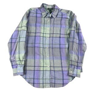 VTG Lauren Ralph Lauren 100% Linen Blue & Green Button Down Shirt Sz Large
